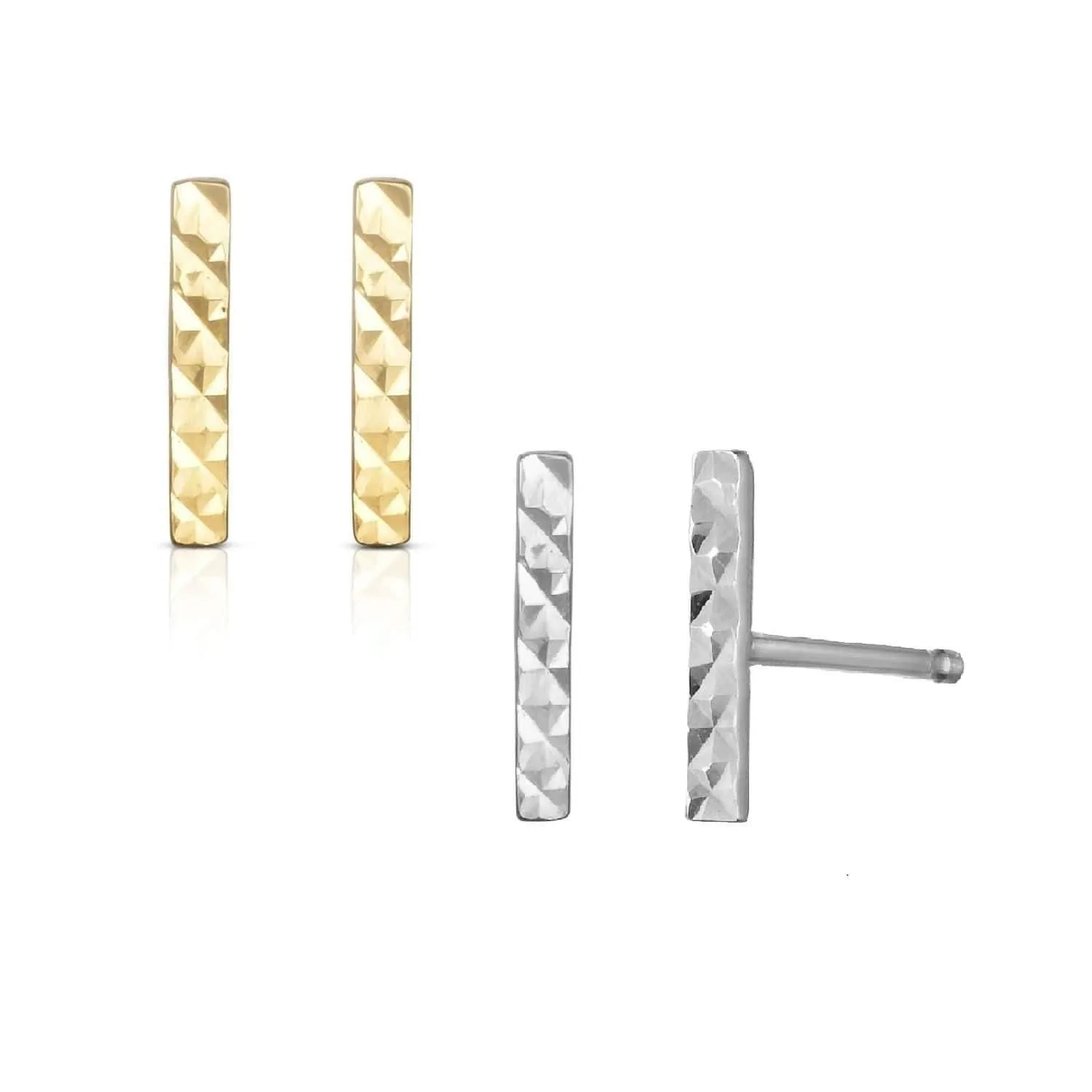 14K Gold Diamond Cut Bar Stud Earrings