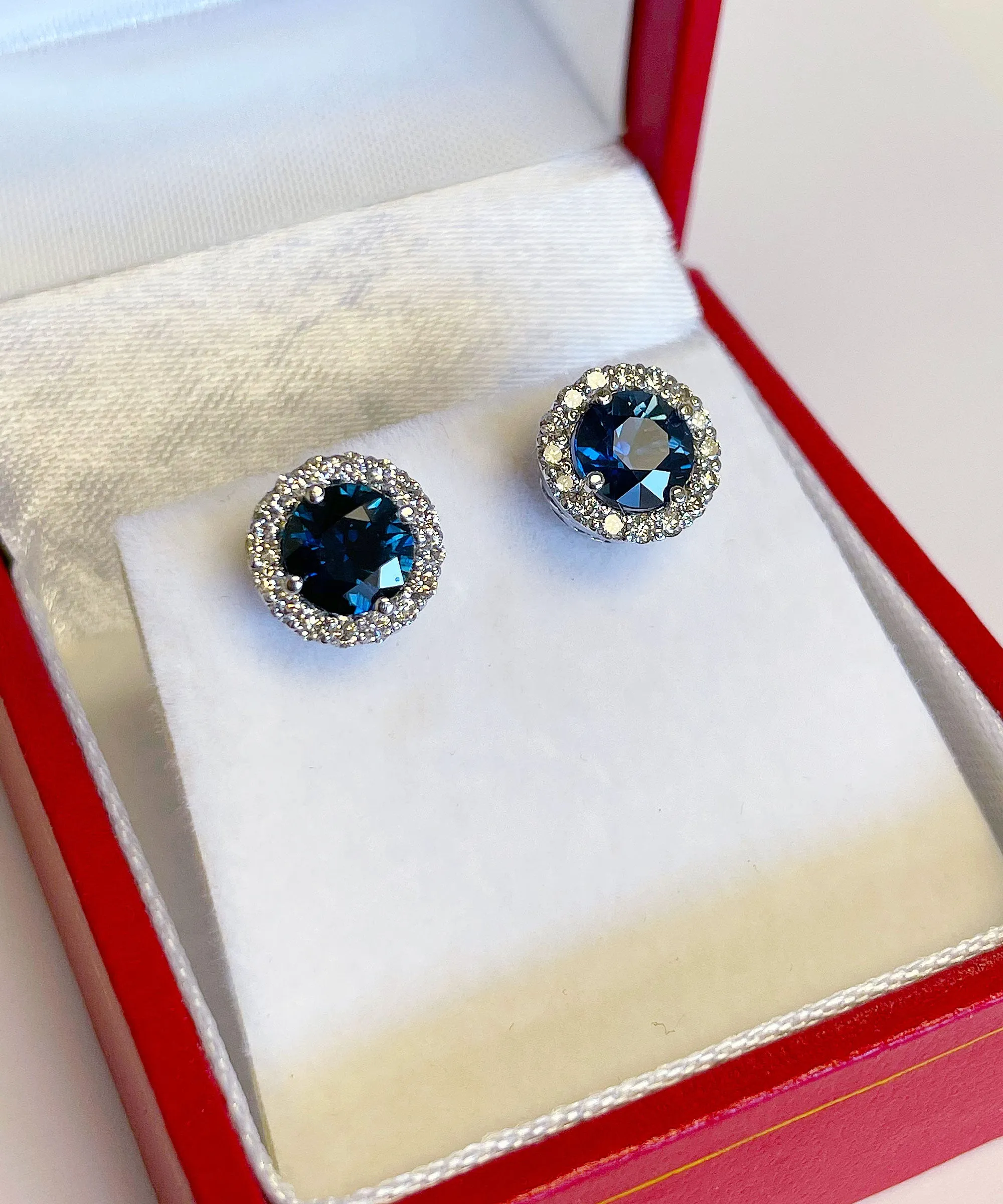 14K Solid White Gold Round Cut Natural Sapphire And Diamond Deco Style Wedding, Anniversary, Bridal, Halo Stud Earrings 2.00ctw