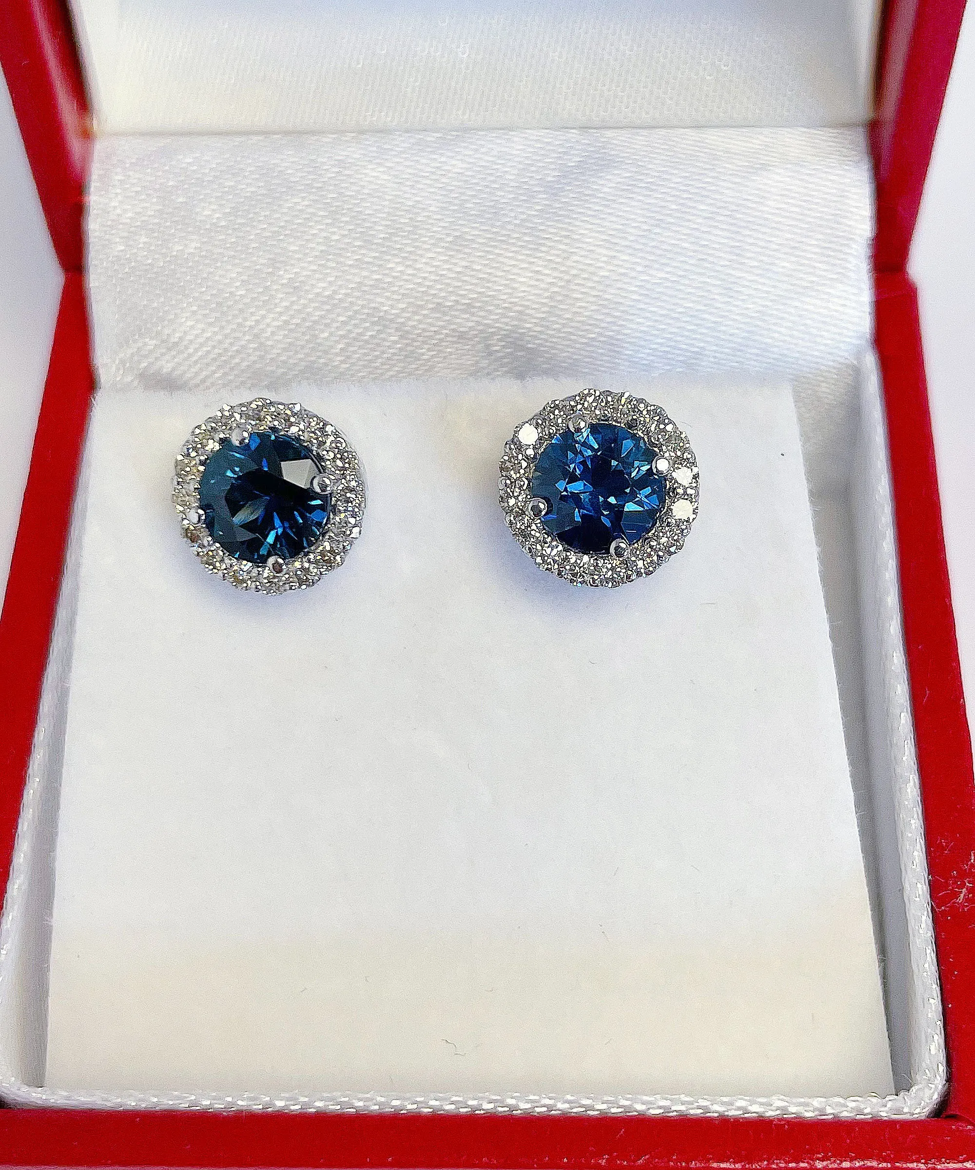 14K Solid White Gold Round Cut Natural Sapphire And Diamond Deco Style Wedding, Anniversary, Bridal, Halo Stud Earrings 2.00ctw