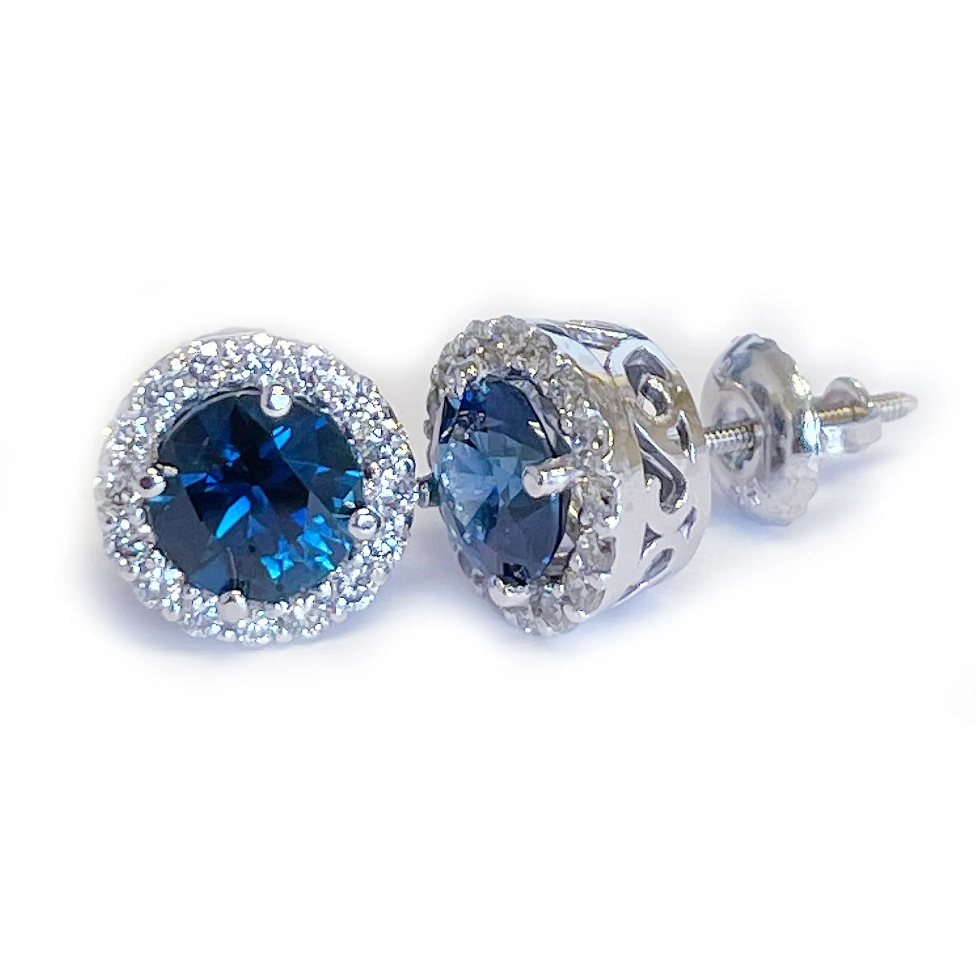 14K Solid White Gold Round Cut Natural Sapphire And Diamond Deco Style Wedding, Anniversary, Bridal, Halo Stud Earrings 2.00ctw