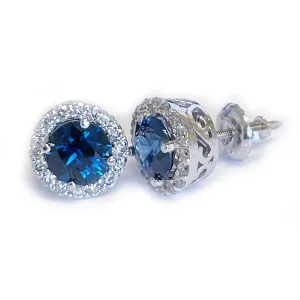 14K Solid White Gold Round Cut Natural Sapphire And Diamond Deco Style Wedding, Anniversary, Bridal, Halo Stud Earrings 2.00ctw