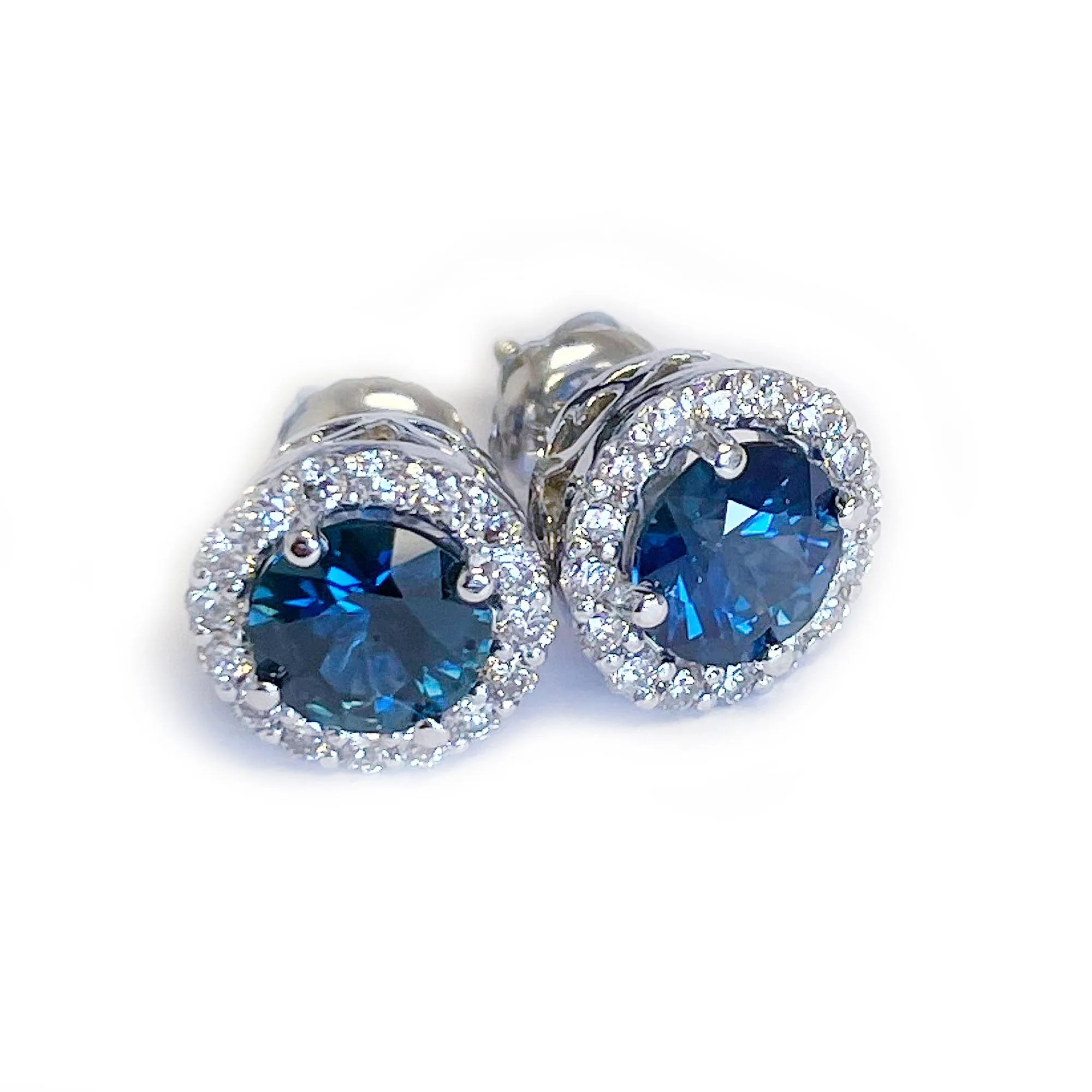 14K Solid White Gold Round Cut Natural Sapphire And Diamond Deco Style Wedding, Anniversary, Bridal, Halo Stud Earrings 2.00ctw