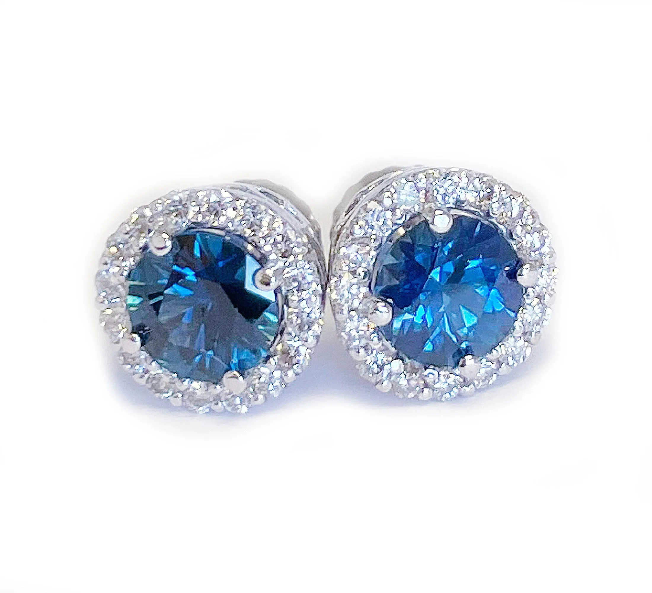 14K Solid White Gold Round Cut Natural Sapphire And Diamond Deco Style Wedding, Anniversary, Bridal, Halo Stud Earrings 2.00ctw