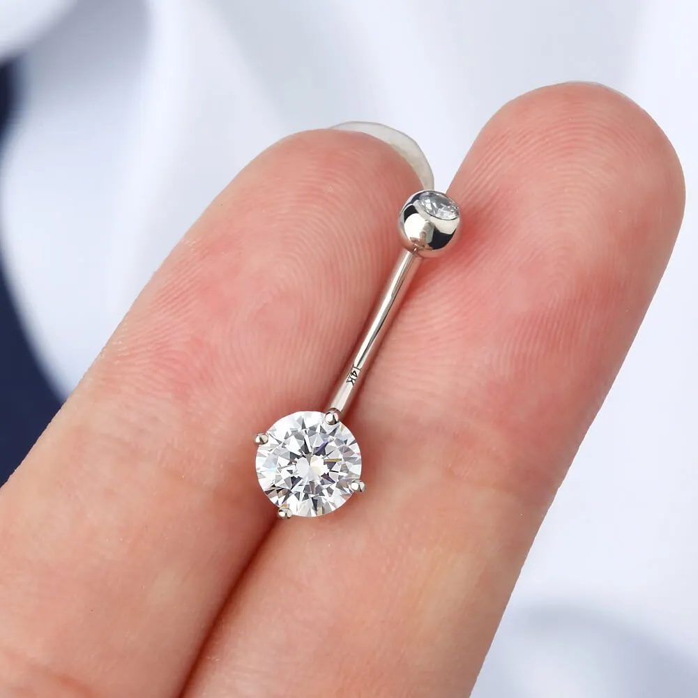 14K White Gold Navel Ring Round Solitaire CZ 14G Belly Button Rings