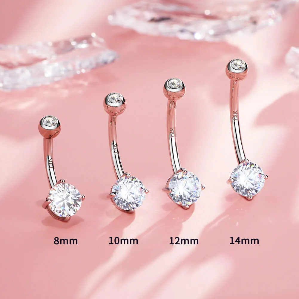 14K White Gold Navel Ring Round Solitaire CZ 14G Belly Button Rings