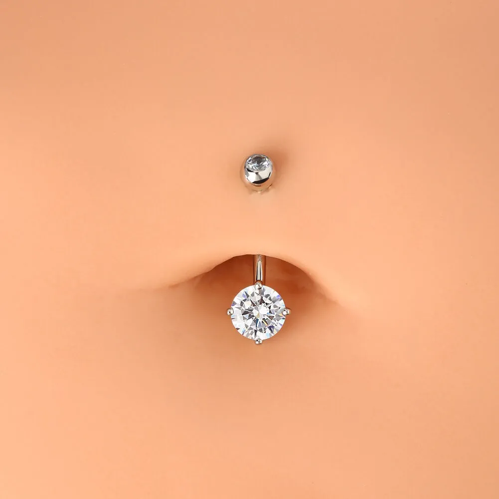 14K White Gold Navel Ring Round Solitaire CZ 14G Belly Button Rings