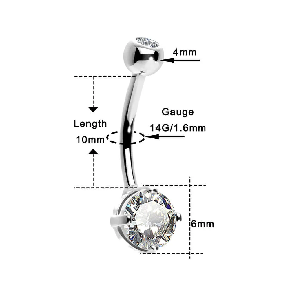 14K White Gold Navel Ring Round Solitaire CZ 14G Belly Button Rings