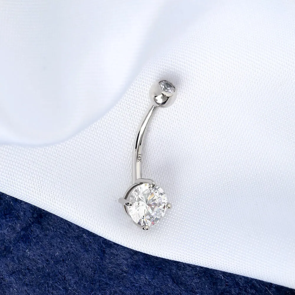 14K White Gold Navel Ring Round Solitaire CZ 14G Belly Button Rings