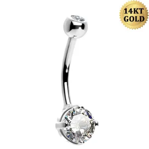 14K White Gold Navel Ring Round Solitaire CZ 14G Belly Button Rings
