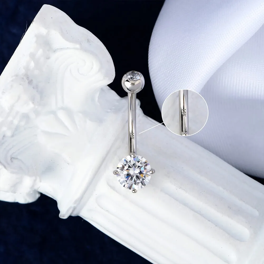 14K White Gold Navel Ring Round Solitaire CZ 14G Belly Button Rings