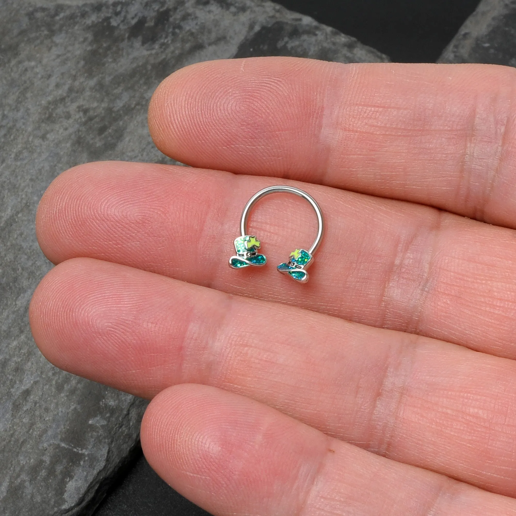 16 Gauge 3/8 Glitter Top Hat Shamrock Horseshoe Circular Barbell