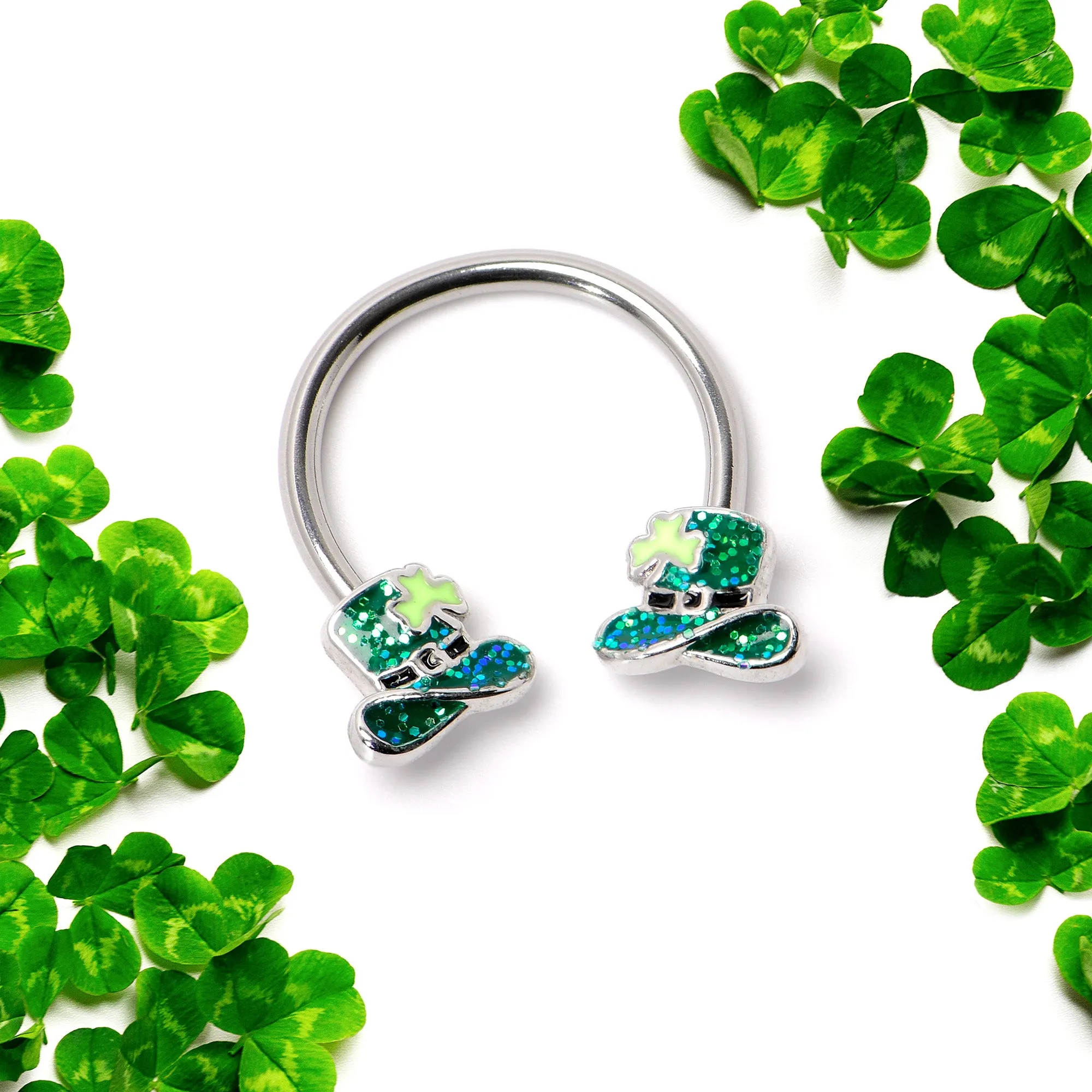 16 Gauge 3/8 Glitter Top Hat Shamrock Horseshoe Circular Barbell