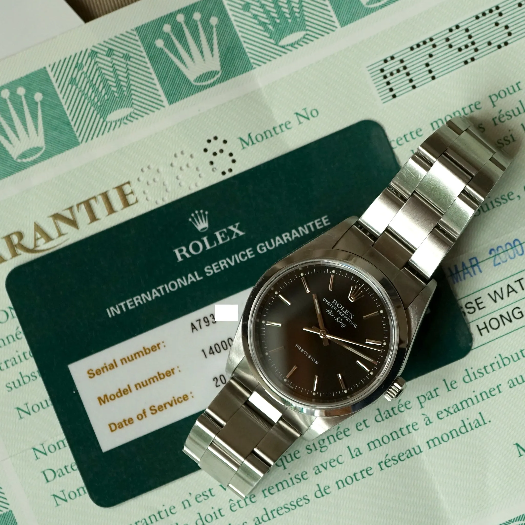 1999 ROLEX AIR-KING BLACK 14000 WATCH PAPER W/ RSC CARD