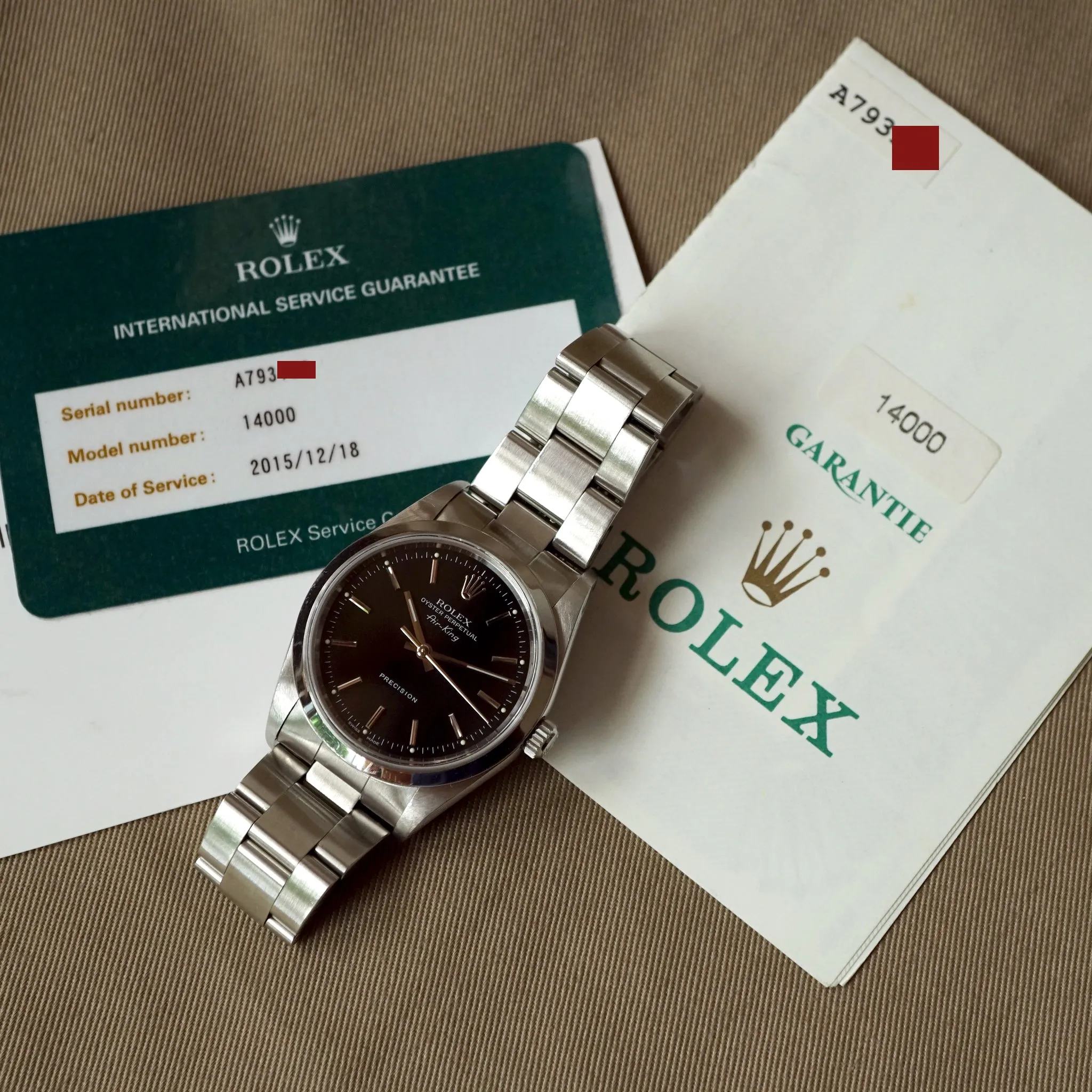 1999 ROLEX AIR-KING BLACK 14000 WATCH PAPER W/ RSC CARD