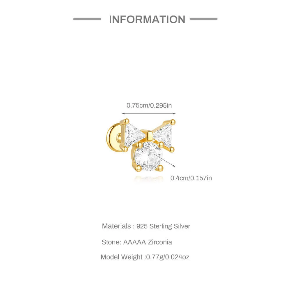925 Silver Bow CZ Diamond Flat Back Earrings