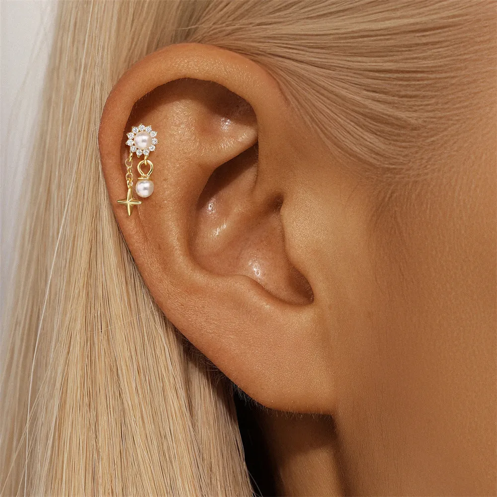 925 Silver Pearl Sun Star Flat Back Earrings
