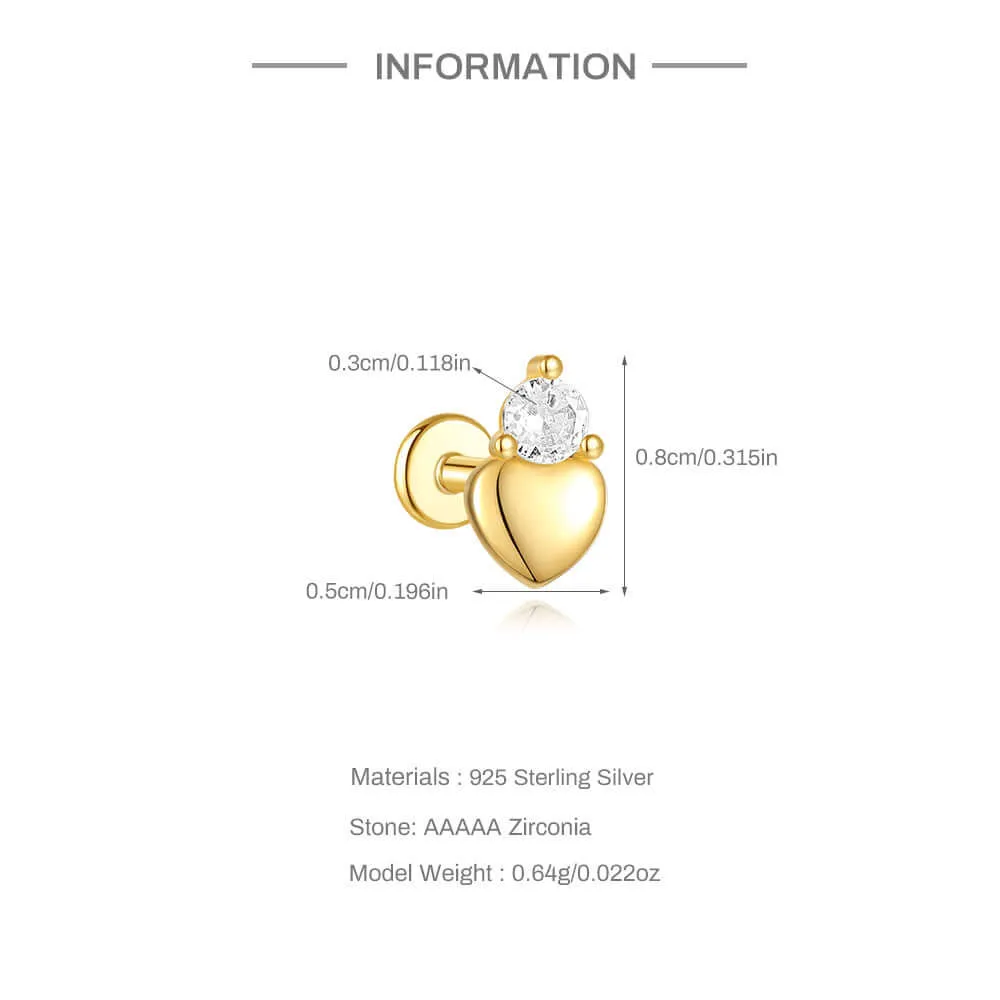 925 Silver Polished Heart-Shaped CZ Diamond Flat Back Earrings