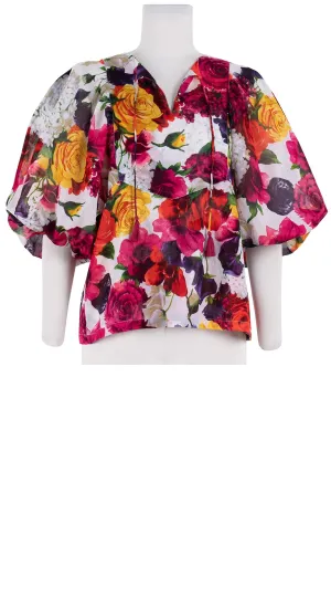 Anastasia Blouse #1 Crew Neck Slit 3/4 Puff Sleeve Cotton Musola (Zinnia Flower)