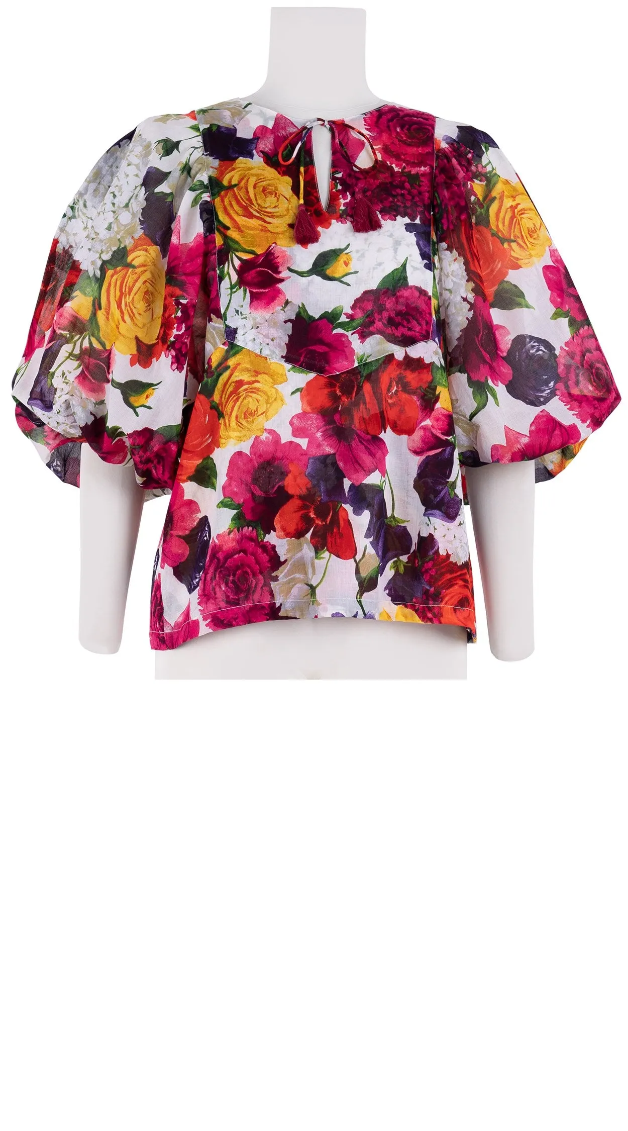 Anastasia Blouse #1 Crew Neck Slit 3/4 Puff Sleeve Cotton Musola (Zinnia Flower)