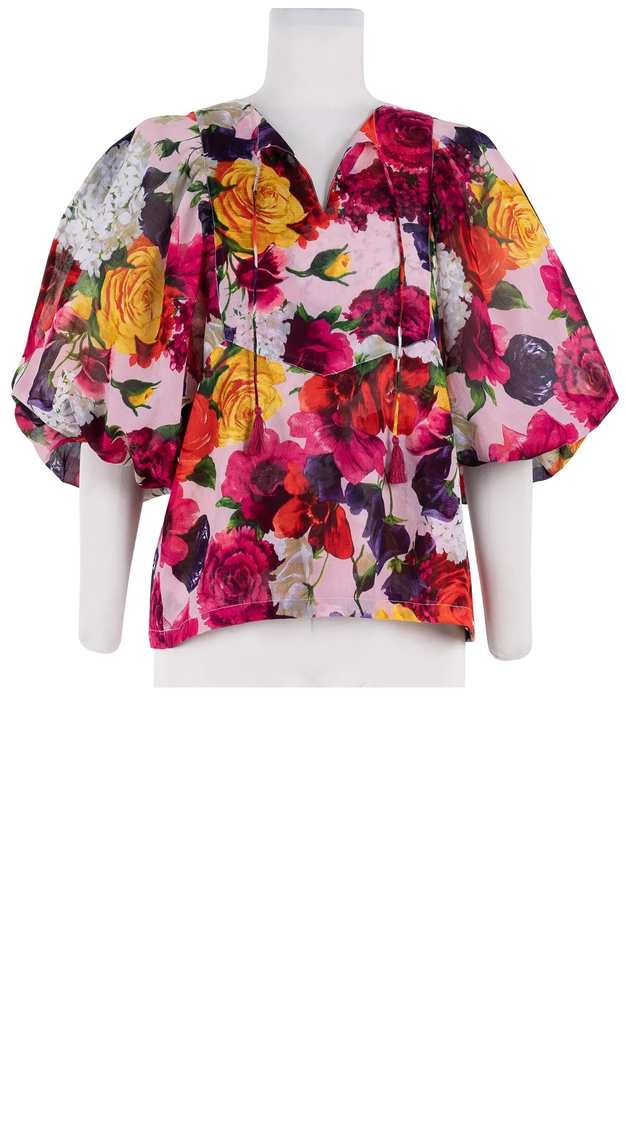 Anastasia Blouse #1 Crew Neck Slit 3/4 Puff Sleeve Cotton Musola (Zinnia Flower)