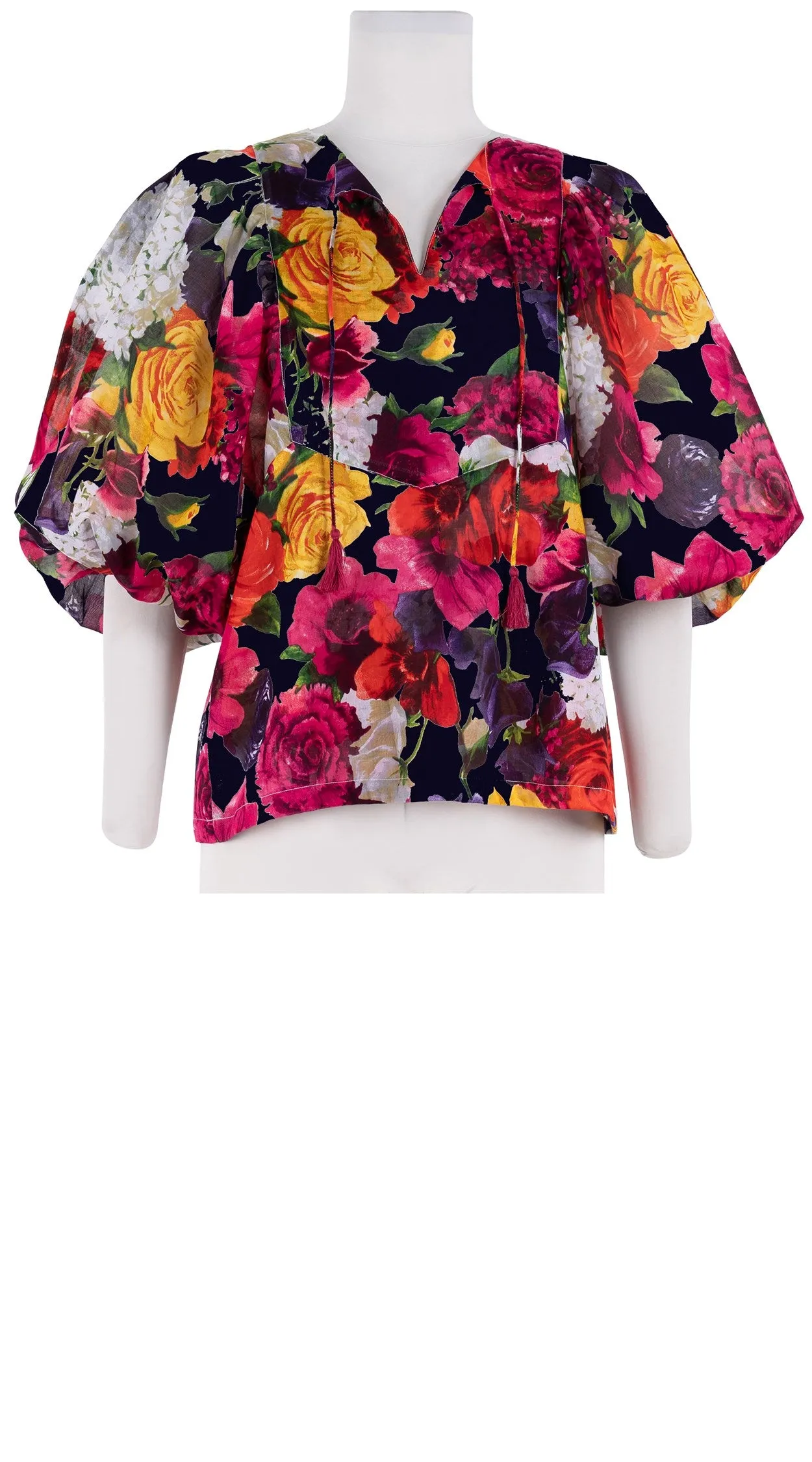 Anastasia Blouse #1 Crew Neck Slit 3/4 Puff Sleeve Cotton Musola (Zinnia Flower)