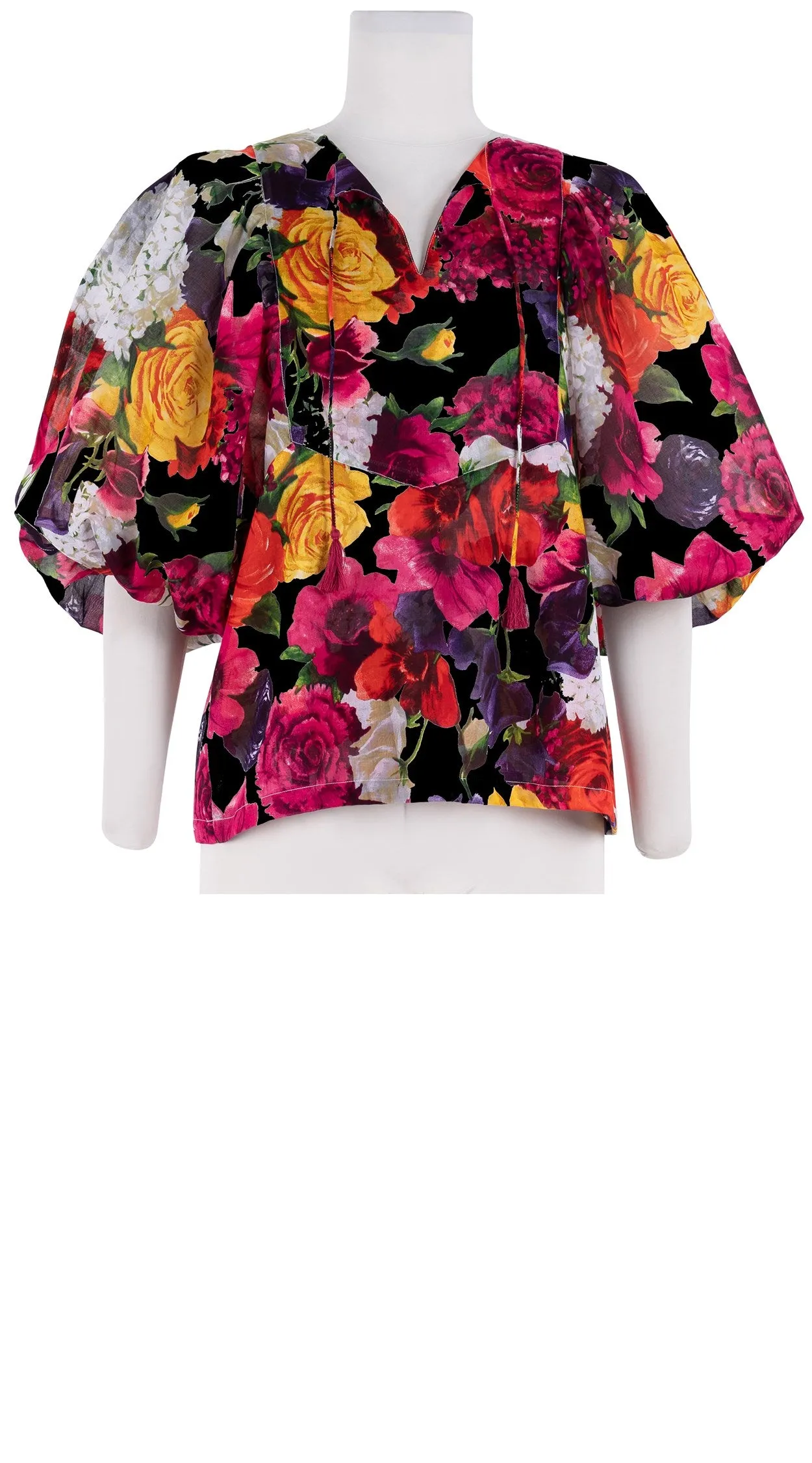 Anastasia Blouse #1 Crew Neck Slit 3/4 Puff Sleeve Cotton Musola (Zinnia Flower)
