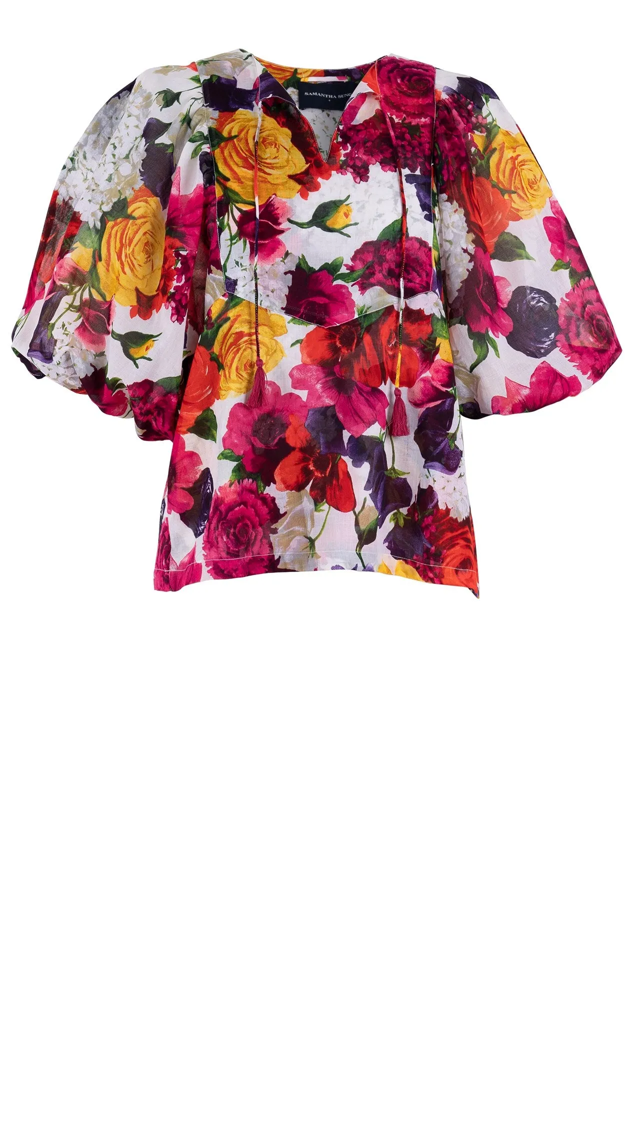 Anastasia Blouse #1 Crew Neck Slit 3/4 Puff Sleeve Cotton Musola (Zinnia Flower)