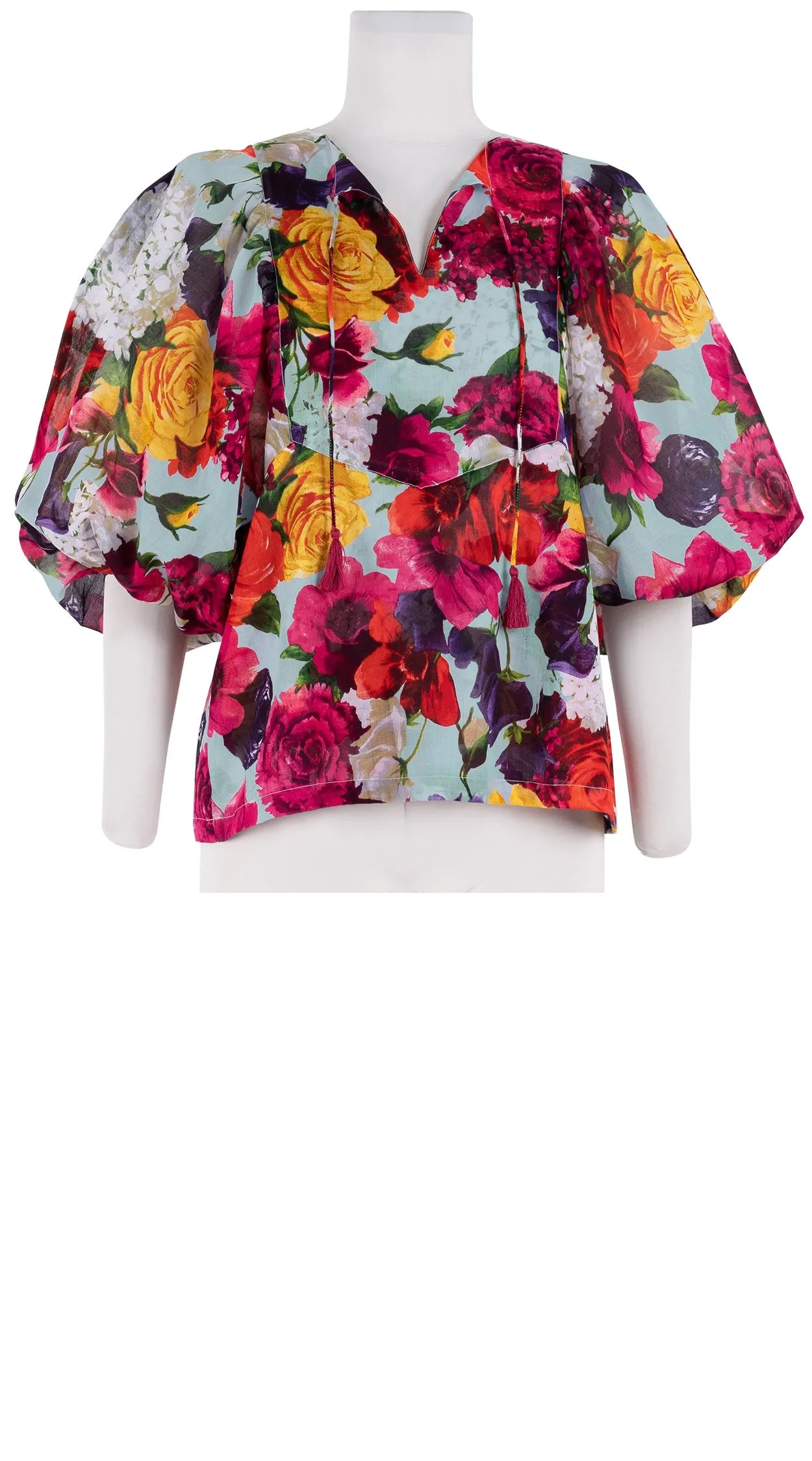 Anastasia Blouse #1 Crew Neck Slit 3/4 Puff Sleeve Cotton Musola (Zinnia Flower)