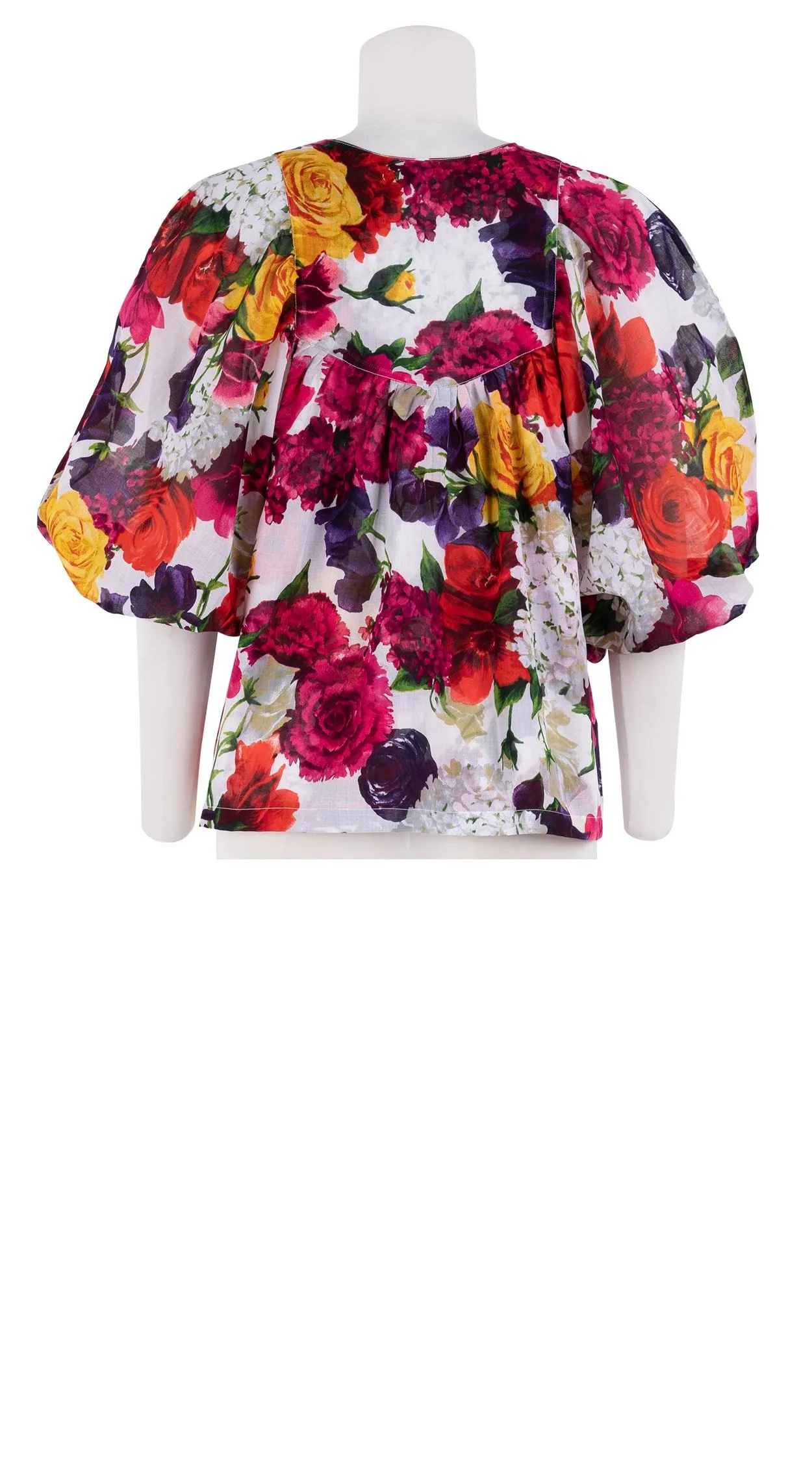 Anastasia Blouse #1 Crew Neck Slit 3/4 Puff Sleeve Cotton Musola (Zinnia Flower)