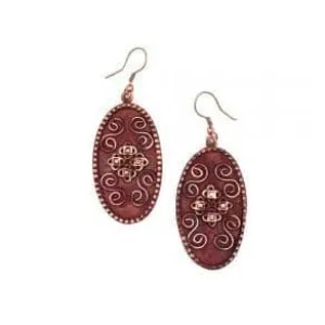Anju Copper Patina Earrings - Filigree with Spirals Burgundy Oval