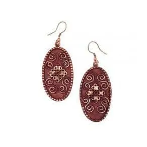 Anju Copper Patina Earrings - Filigree with Spirals Burgundy Oval