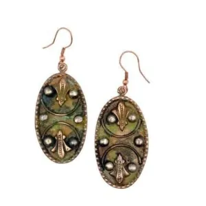 Anju Copper Patina Earrings - Mirrored Filigree in Green Ovals