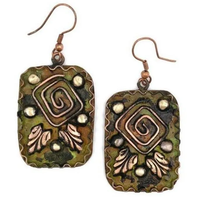 Anju Copper Patina Earrings - Square Spiral in Green Rectangles