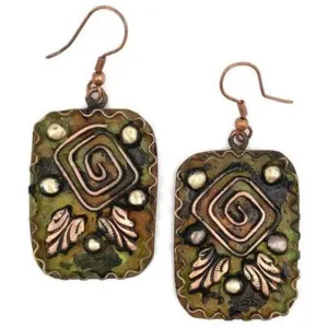 Anju Copper Patina Earrings - Square Spiral in Green Rectangles