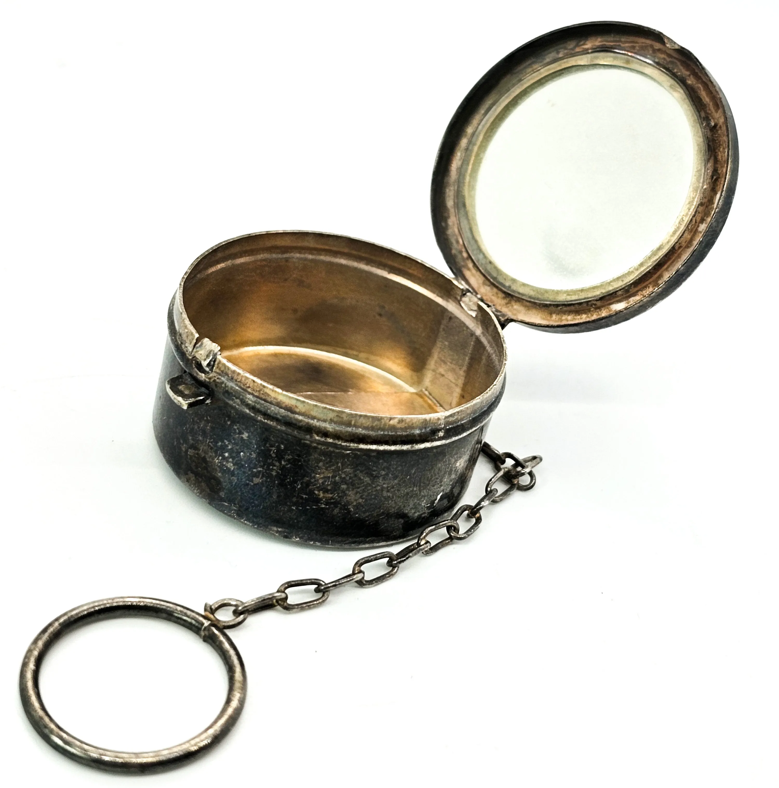 Art Deco etched Finger Compact antique sterling silver lead glass mirror