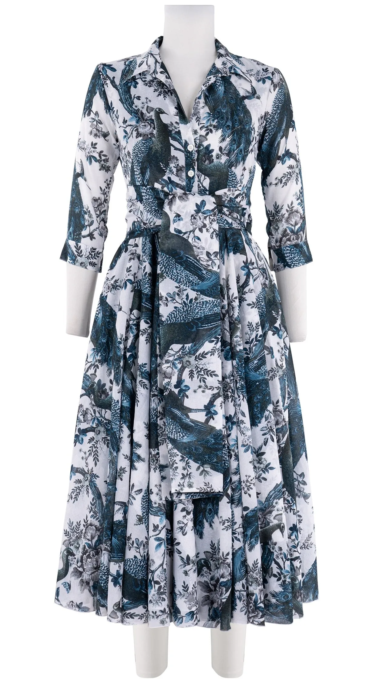 Aster Dress Shirt Collar 3/4 Sleeve Midi Length Cotton Musola (Belvedere Peacok)