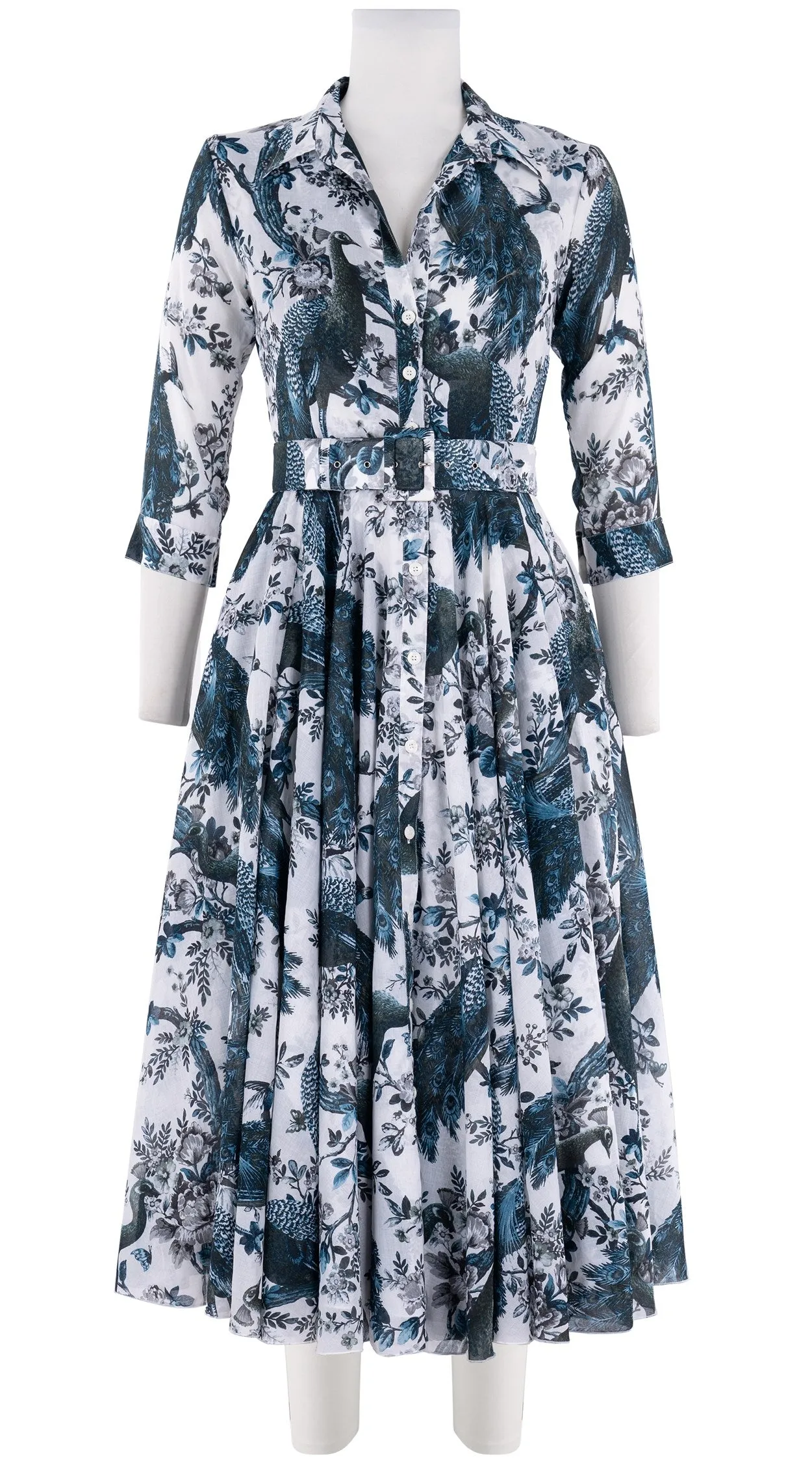 Aster Dress Shirt Collar 3/4 Sleeve Midi Length Cotton Musola (Belvedere Peacok)