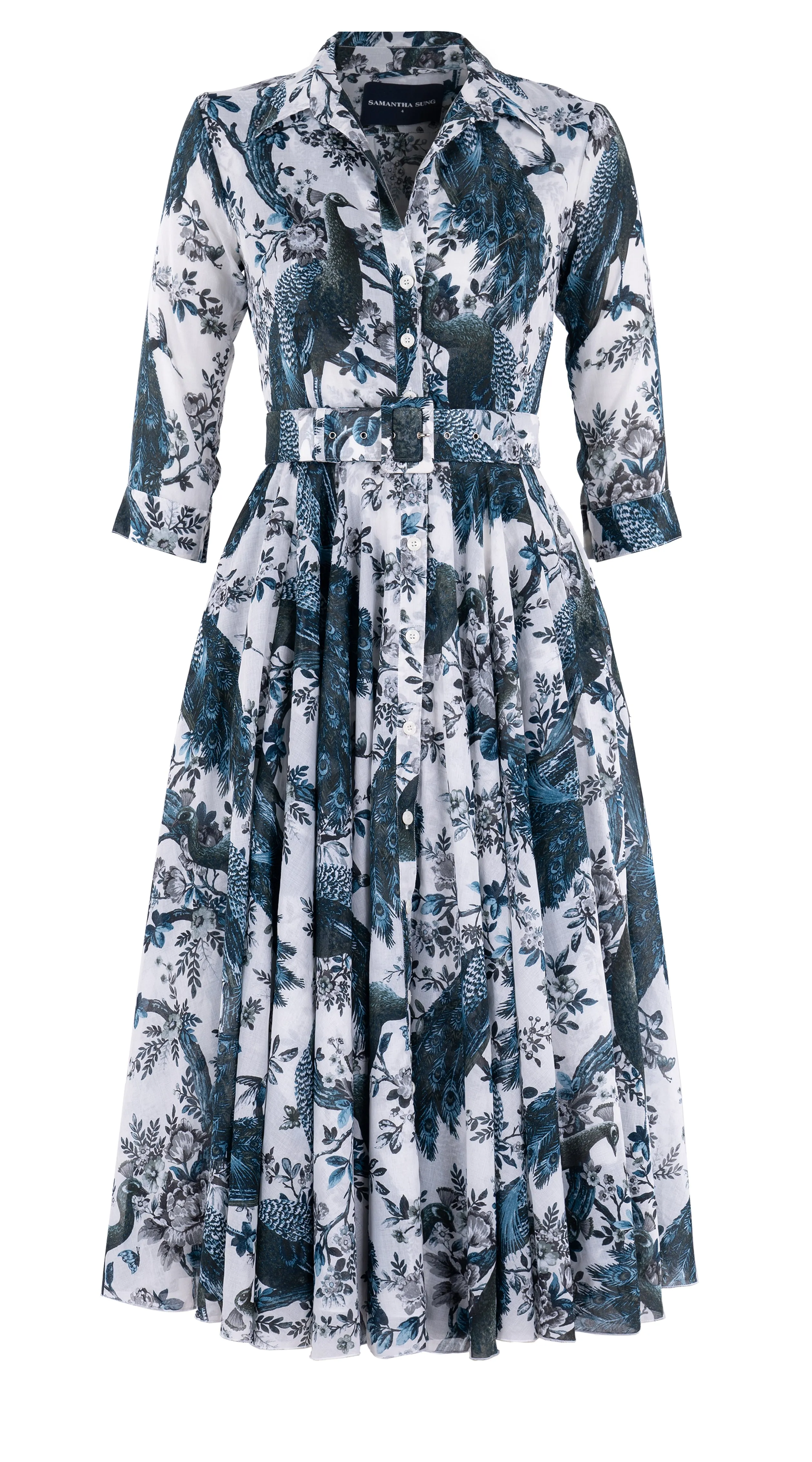 Aster Dress Shirt Collar 3/4 Sleeve Midi Length Cotton Musola (Belvedere Peacok)