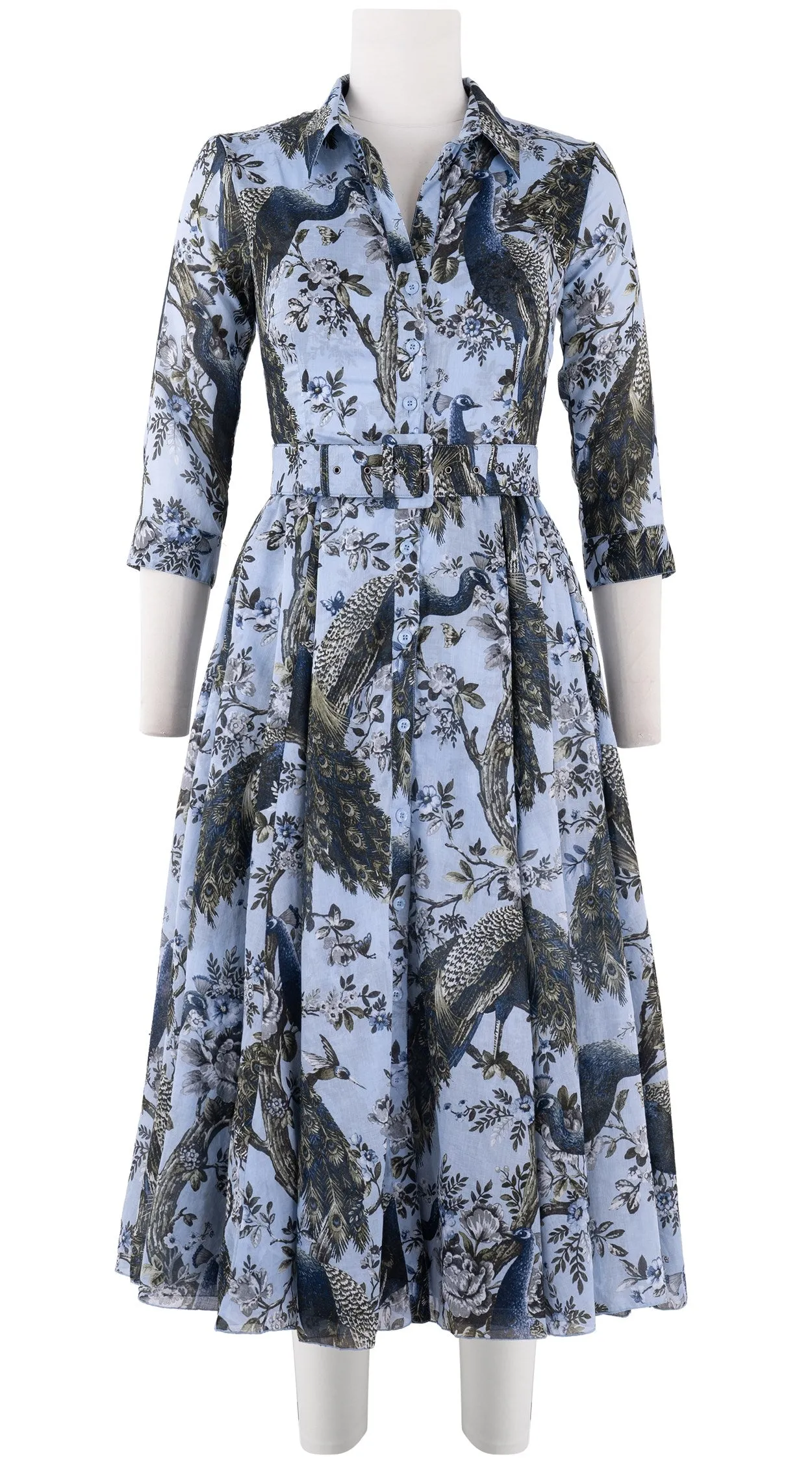 Aster Dress Shirt Collar 3/4 Sleeve Midi Length Cotton Musola (Belvedere Peacok)