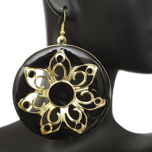 Black Glossy Floral Dangle Earrings