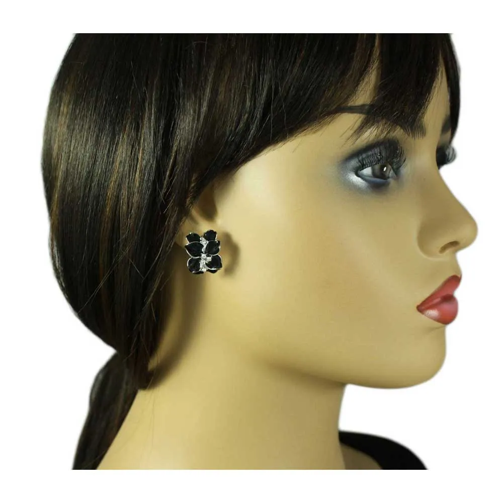 Black Glossy Flower with Crystals Pierced Earring - REE942P