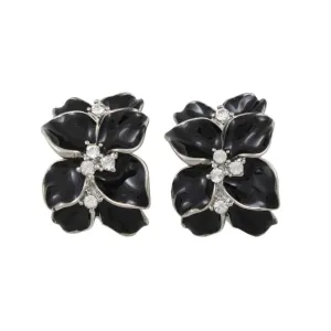 Black Glossy Flower with Crystals Pierced Earring - REE942P