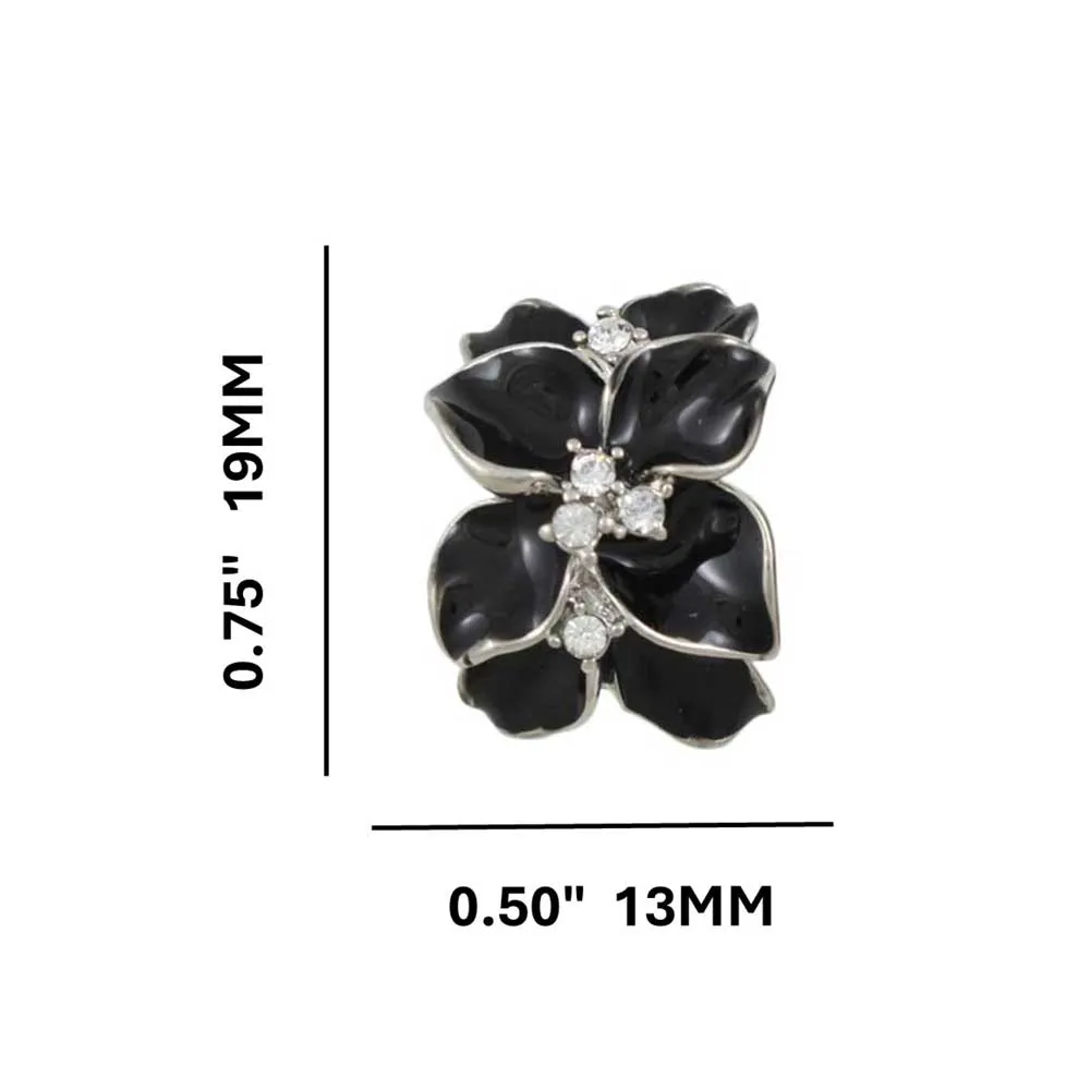 Black Glossy Flower with Crystals Pierced Earring - REE942P