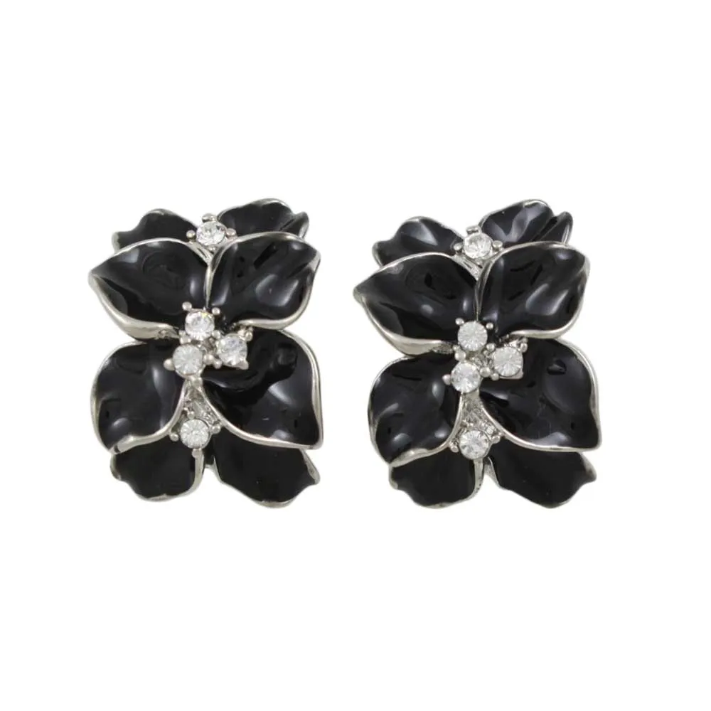 Black Glossy Flower with Crystals Pierced Earring - REE942P