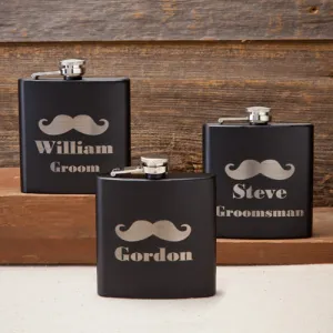 Black Matte Mustache Flasks - Groomsman