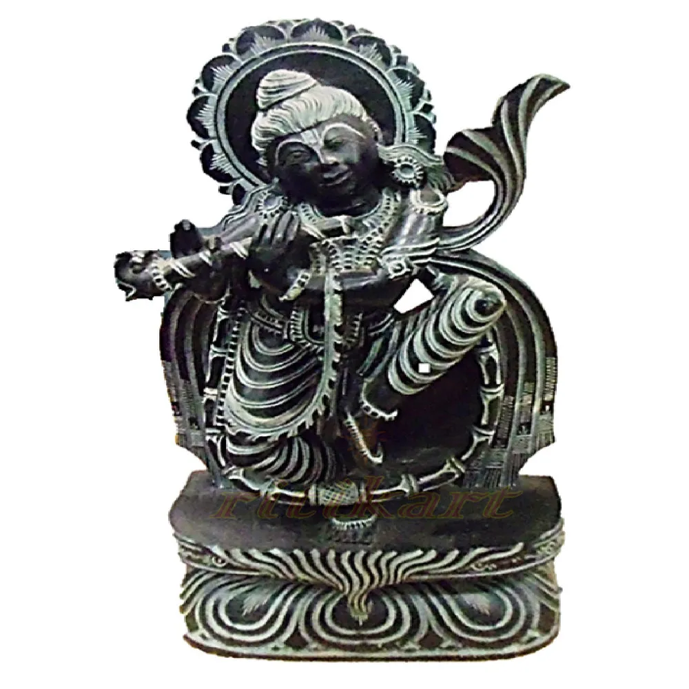 Black Stone Lord Krishna Work Showpiece