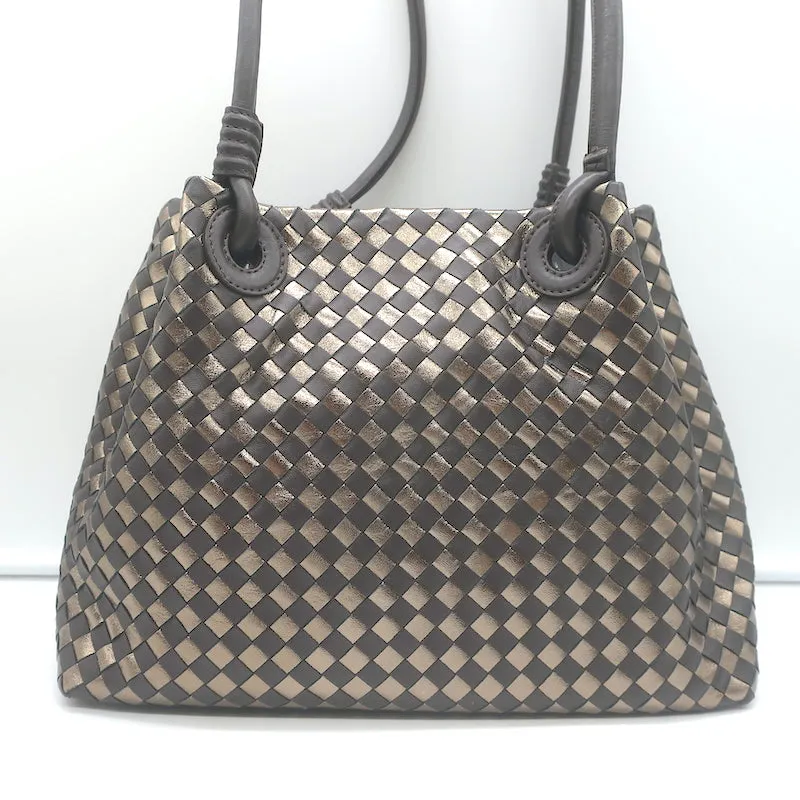 Bottega Giotti Woven Medium Shoulder Bag Gold Metallic & Brown Leather NEW