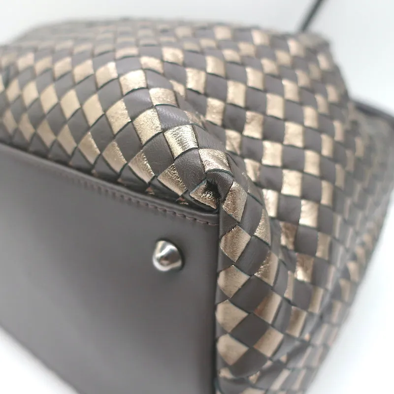 Bottega Giotti Woven Medium Shoulder Bag Gold Metallic & Brown Leather NEW