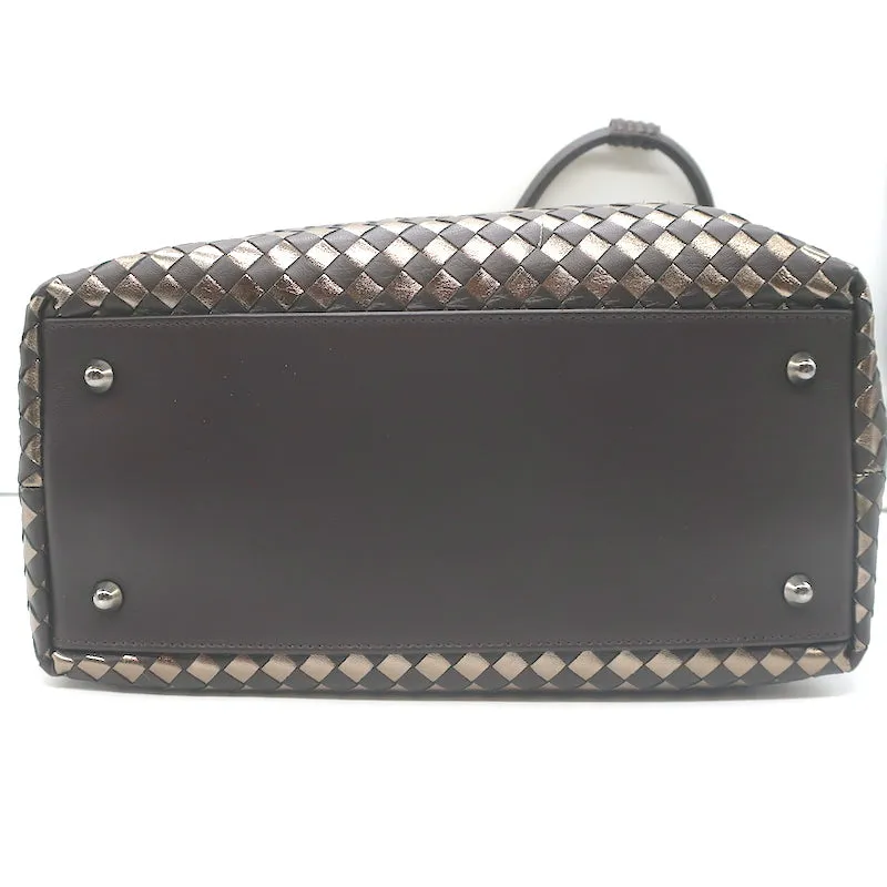 Bottega Giotti Woven Medium Shoulder Bag Gold Metallic & Brown Leather NEW