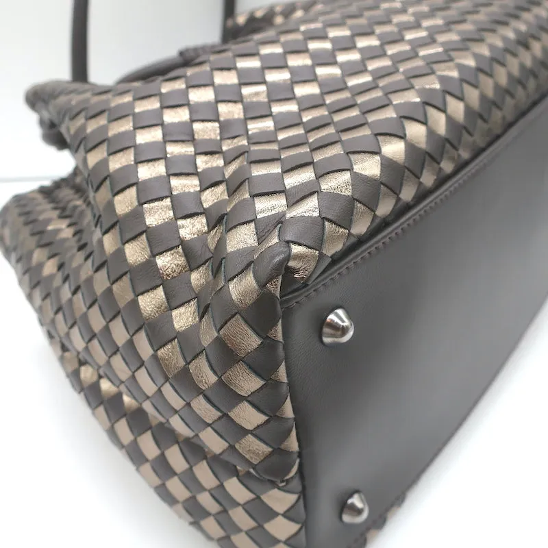 Bottega Giotti Woven Medium Shoulder Bag Gold Metallic & Brown Leather NEW